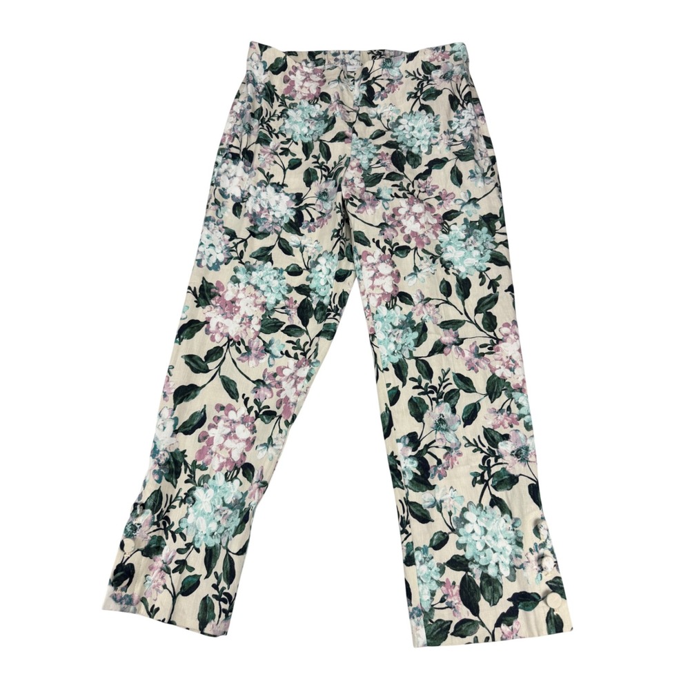J. Jill Linen Stretch Floral Hydrangea Ankle Pants Button Hem Cream Blue Pink M